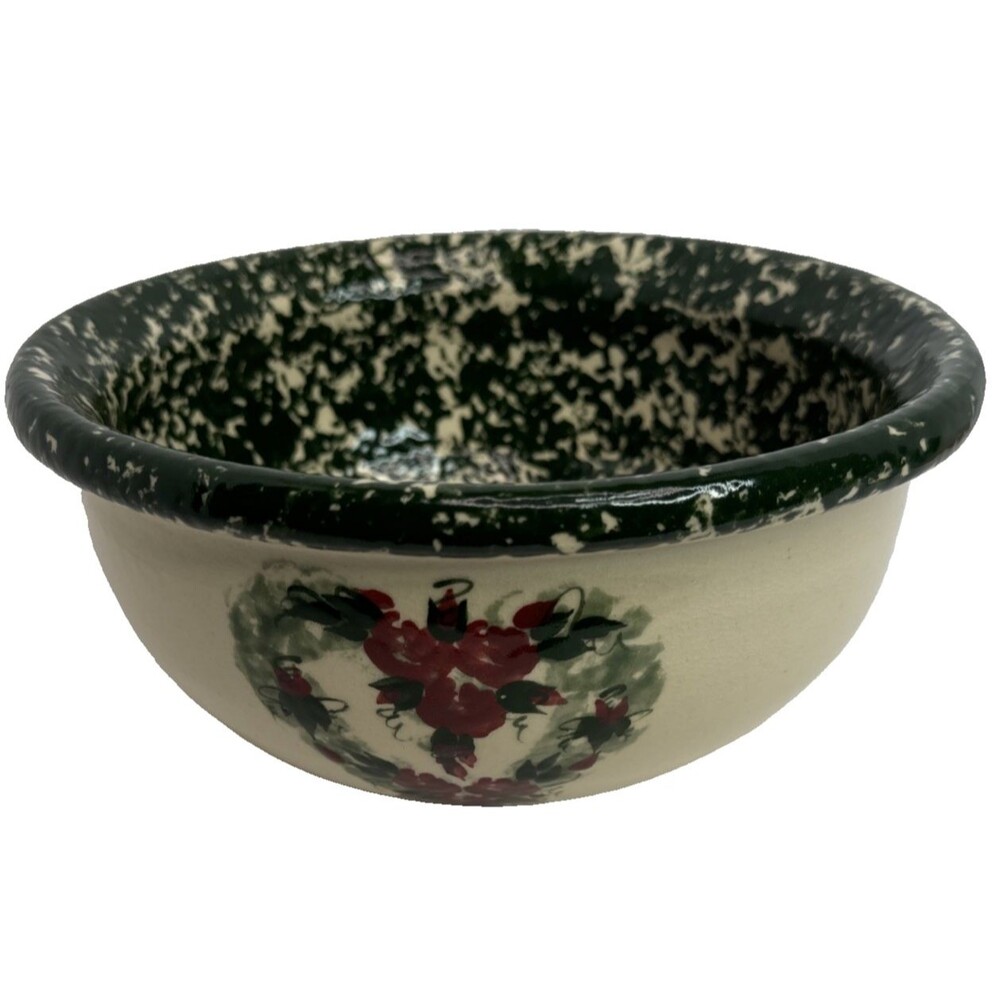 East Texas Pottery Round Bowl Heart Floral on Cream and Green Sponge Stoneware